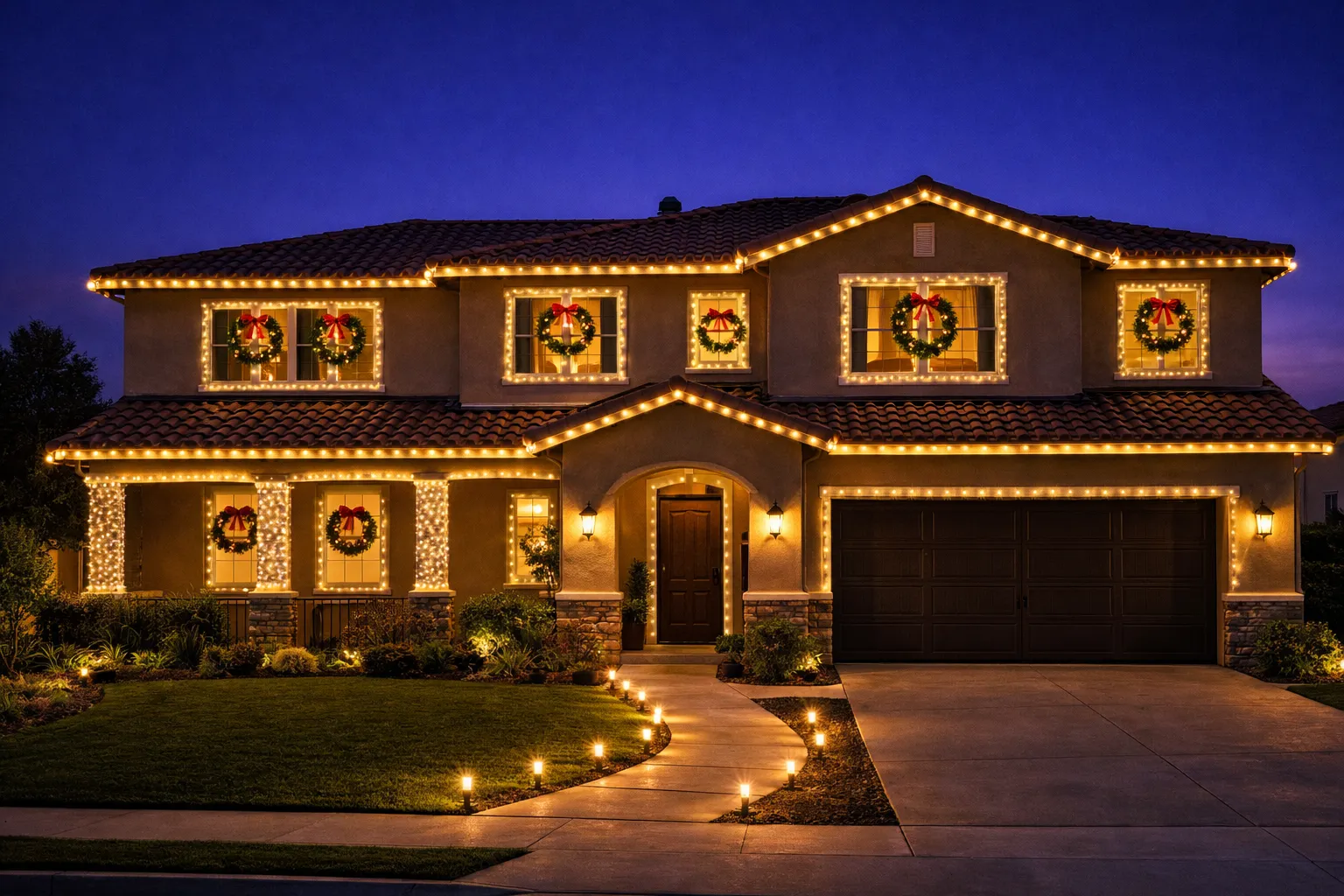 Full Christmas light display with roofline lights, wreaths, and pathway lighting