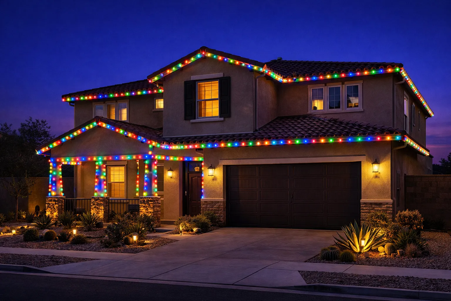 Multi-color LED Christmas lights on a two-story Murrieta home at twilight