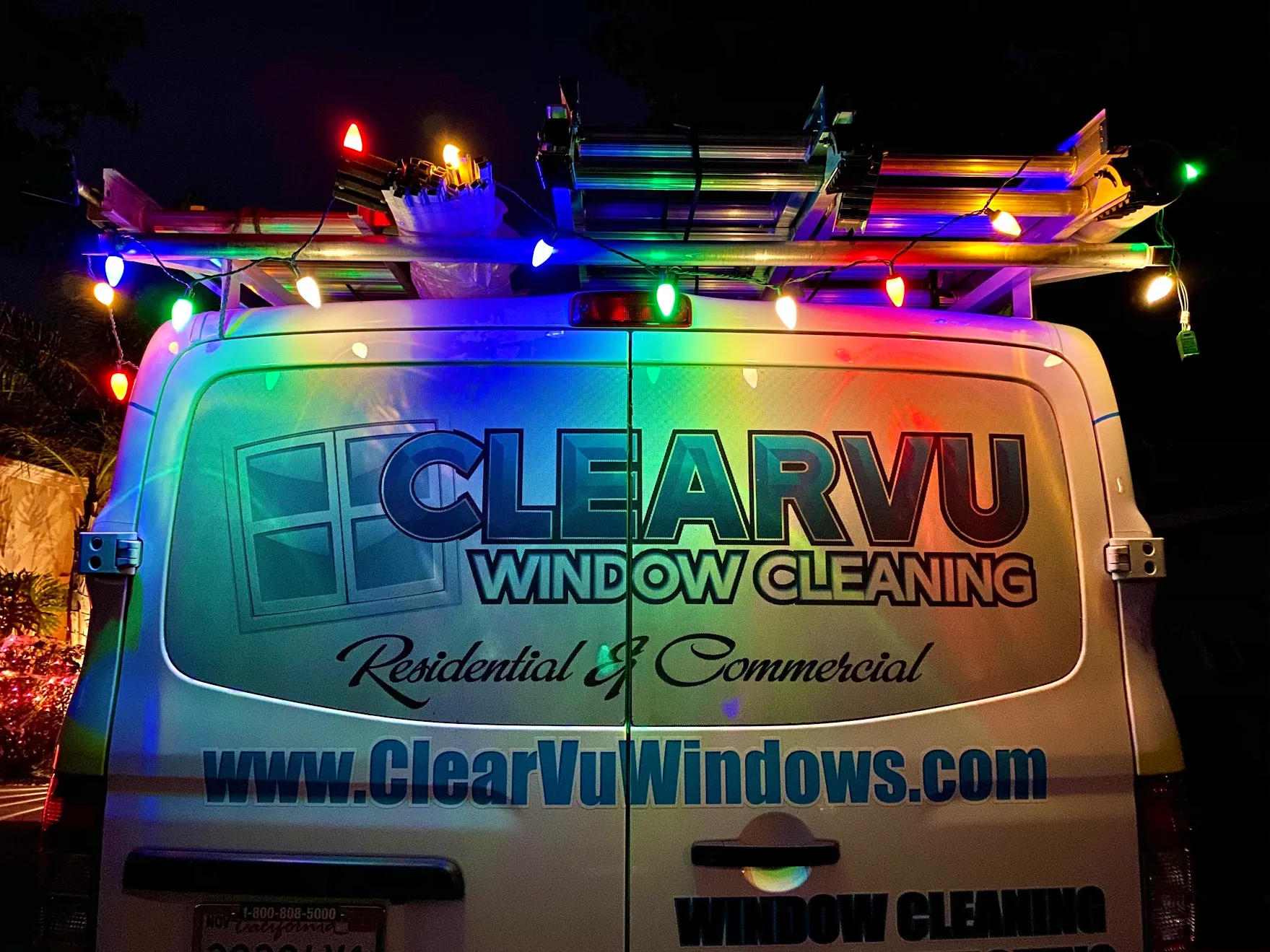 Clearvu Window Cleaning service van decorated with Christmas lights