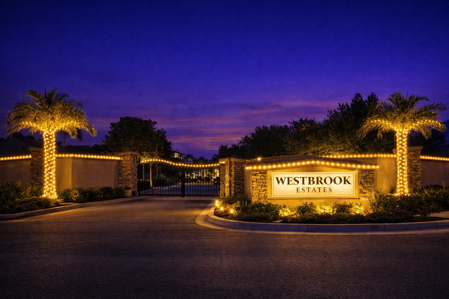 HOA community entrance decorated with warm white Christmas lights and wrapped palms